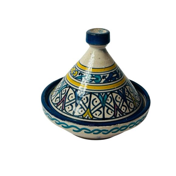 Vintage Mini Moroccan Tagine Hand Painted Glazed Ceramic Signed 4" - Picture 1 of 7